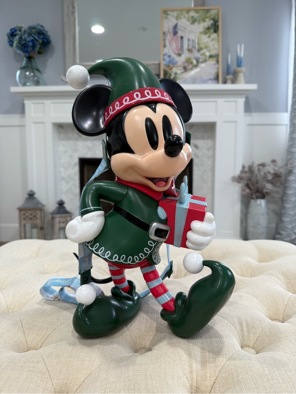 Disney Green Elf Mickey Mouse Holiday Figurine with Red Gift